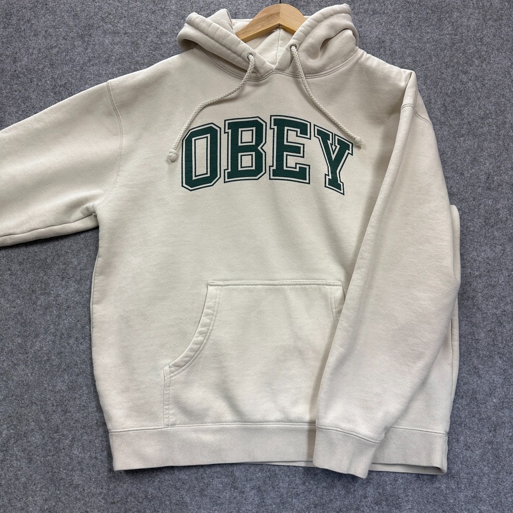 OBEY Hoodie Sweatshirt Mens  Cream w/ Green Collegiate Style Letters No Size Tag